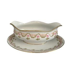 Antique Limoges Wm Guerin & Co. GUE19 Pink Roses Gravy Boat attached Underplate